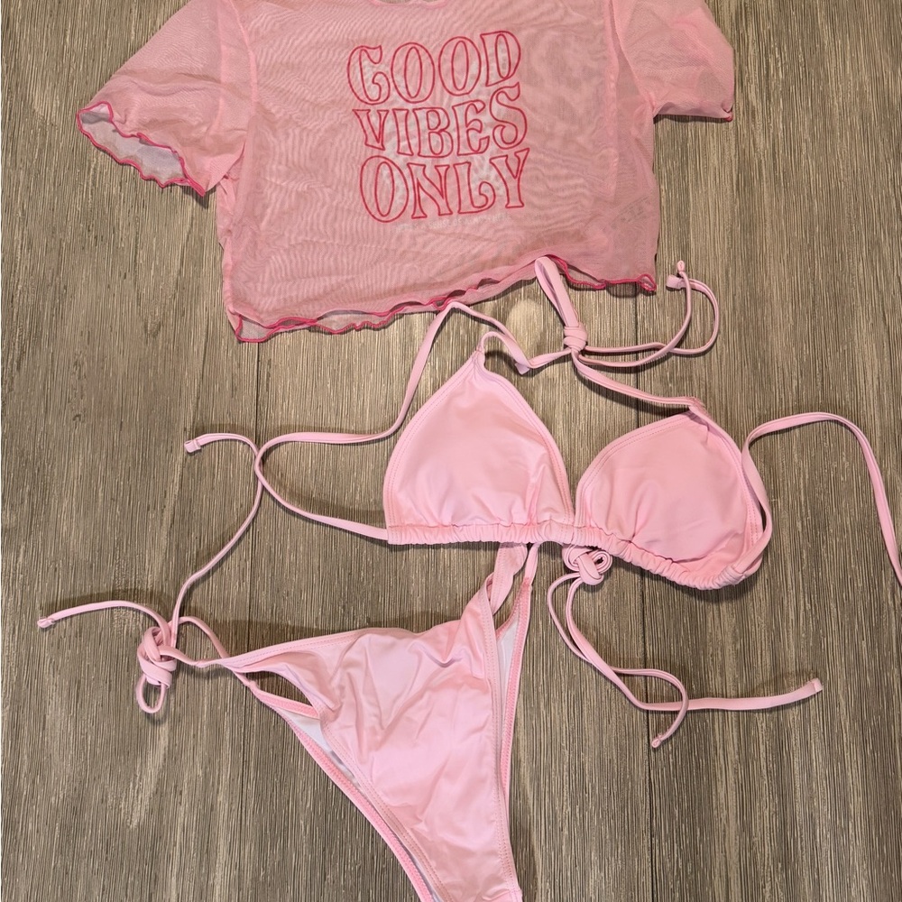 Pink Mesh Top and Bikini Set
